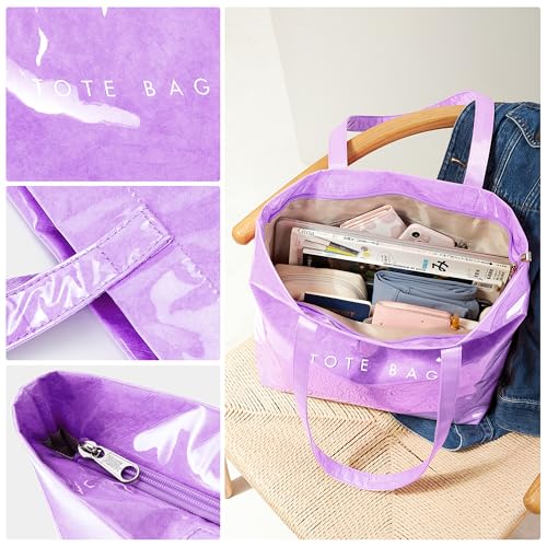 Image of KALIDI PVC Zipper Tote Bag, Jelly Kraft Paper Beach Bag Large Hobo Carry All Travel Shopping Handbag Plastic Shoulder Bag