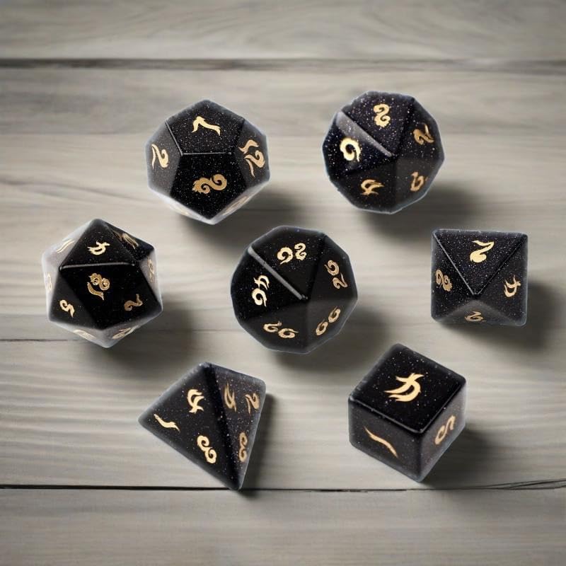 Dés en pierre d'or bleue – Dés sculptés à la main en pierre précieuse D4 D6 D8 D10 D12 D20 en centile ou 7 pièces polyédriques pour jeux de rôle DND et de table (combinaisons)