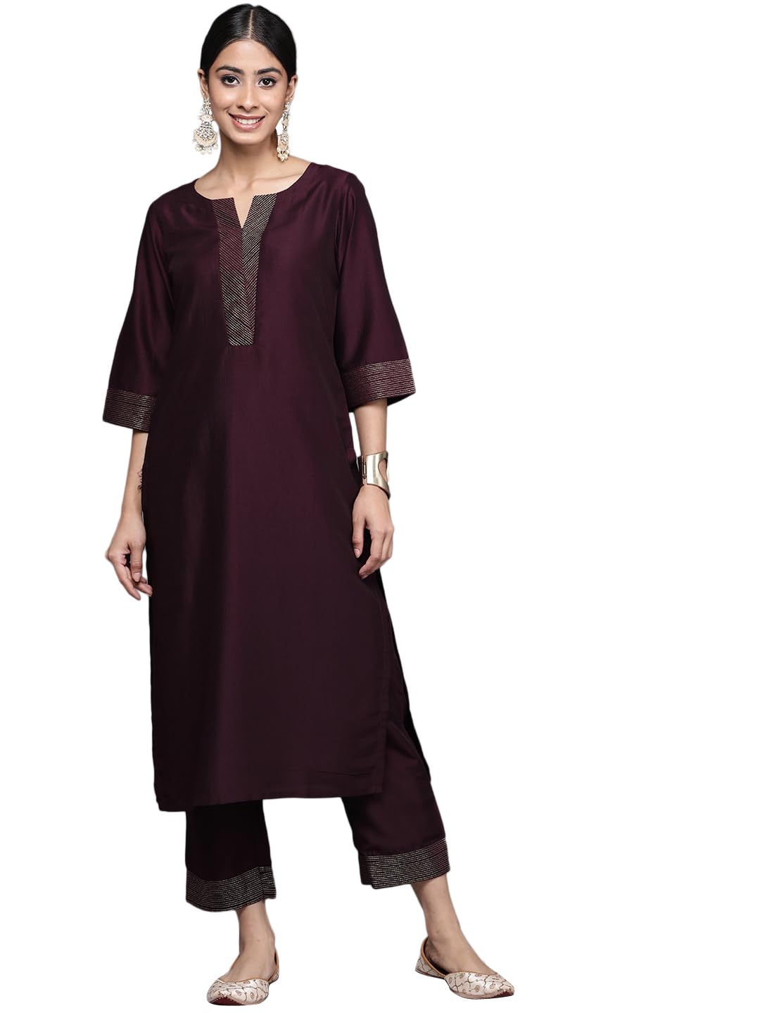 Women's Silk Blend Kurta Set (34831_Burgundy, Red, Medium-X-Large, red