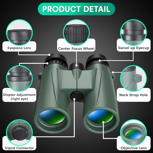 Image of Sounce 12x42 Binoculars for Long Distance | Ultra HD Binocular for Adults | BAK4 Prism Green Coated | Bird Watching Wildlife Safari | 360 Degree Tripod & Pouch Included (Green)