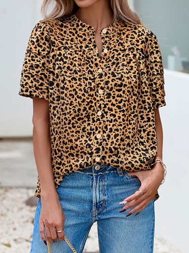 MASCOMODA Womens Tops Summer Boho Floral Short Sleeve Button Down Shirts Crewneck Loose Vacation Dressy Casual Work Blouses4