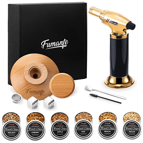 FUMANTE Cocktail Smoker Kit with Torch, 6 Flavors Wooden Chips, 2 Ice Cubes, Brush & Spoon, Old Fashioned Cocktail Kit