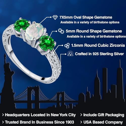 Gem Stone King 2.43 Cttw Oval Cabochon White Simulated Opal and Green Simulated Emerald 3-Stone Ladies Engagement Ring for Women | 925 Sterling Silver | Available 5,6,7,8,92