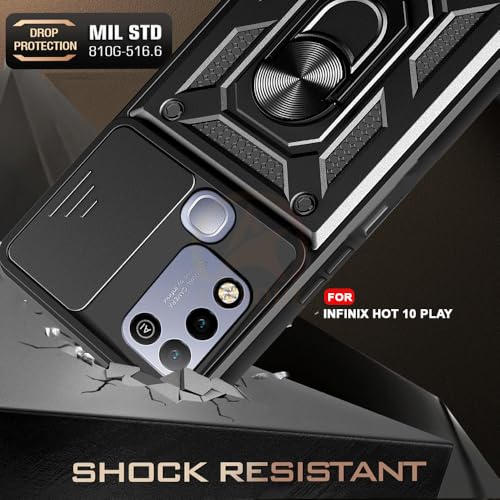 Image of Armor Bumper Back Cover Case for Infinix Hot 10 Play Rotating Camera Cover, Ring Holder & Kickstand | Heavy Duty & 360 Degree Protection Infinix Hot 10 Play Back Cover (Black)