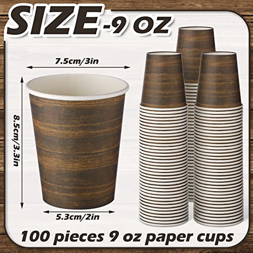 100 Pieces 9 Oz Rustic Wood Disposable Coffee Paper Cups Hot Cold Drinks Cups Vintage Party Supplies Farmhouse Style Decorations For Western Themed Birthday Camping Baby Shower Party #TOP1