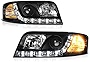 [For 2002-2004 Audi A6 Halogen Model] Black Housing LED Strip DRL Projector Headlight Headlamp Assembly, Driver & Passenger Side