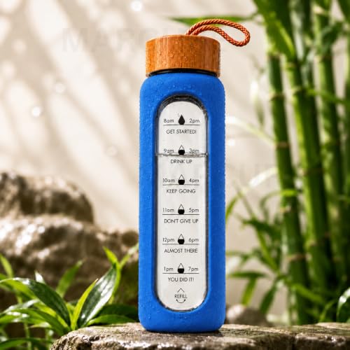 Image of Borosilicate Glass Water Bottle with Silicone Sleeve | Natural Bamboo lid | perfect for Home, Fridge, Office, Gym, Travel | BPA Free | Blue