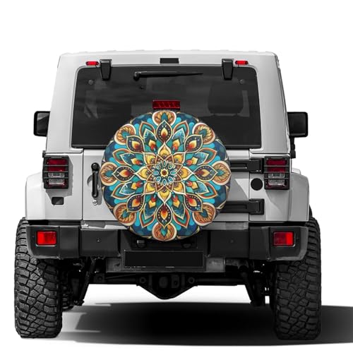 Image of KiuLoam Vintage Blue Gold Mandala Spare Tire Cover Waterproof Dust-Proof Universal Sunscreen Wheel Tire Covers Fit for Trailer, RV, SUV and Many Vehicle 14 Inch