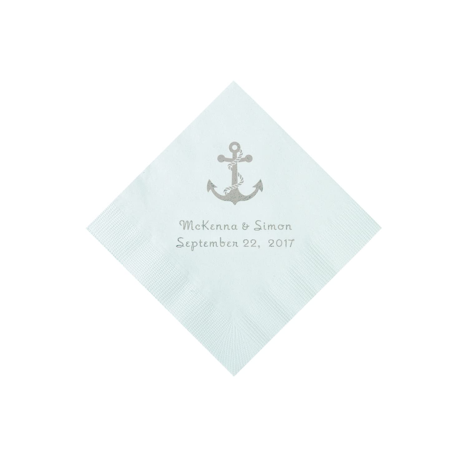 White Anchor Personalized Napkins With Silver Foil - Beverage - Party Supplies - 50 Pieces