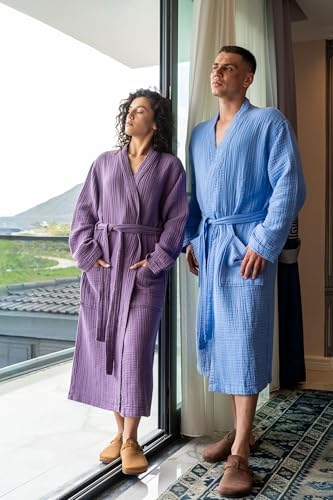 Image of Muslin Unisex Bathrobe Women & Men, 100% Cotton Kimono Lightweight Robe | Long Robes Soft, Absorbent, Spa robes