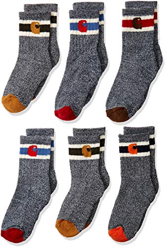Carhartt boys Camp Crew Sock-6 Pair Pack Casual Sock, Natural, Tan, Orange, Red, Brown, Shoe Size 8-11 US