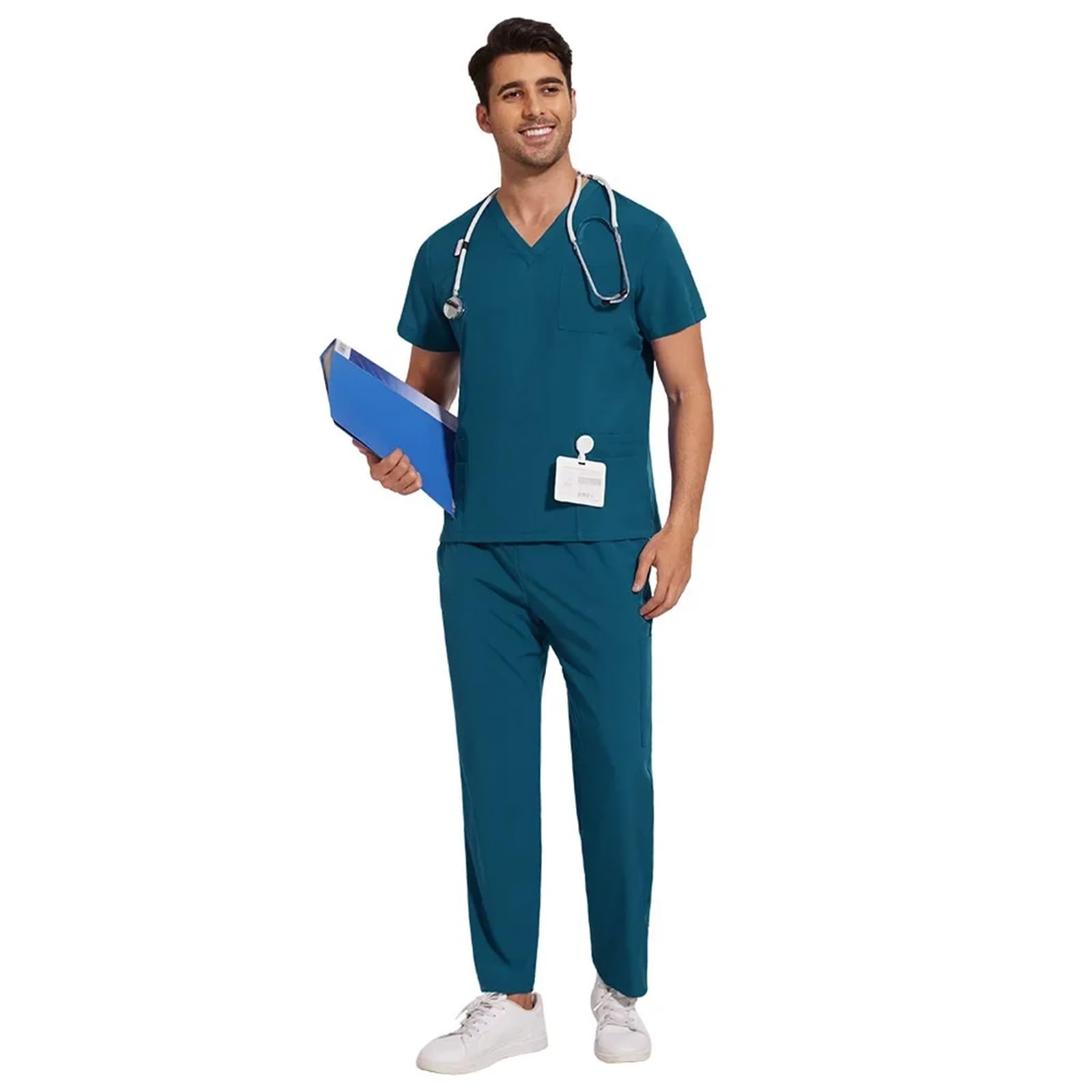 AHUFGN Nurse Scrubs Women Sanitary Dentist Medical Nursing Veterinary Surgical Uniform Men Work Wear Jogger Man Scrubs Set(Color 9,L)