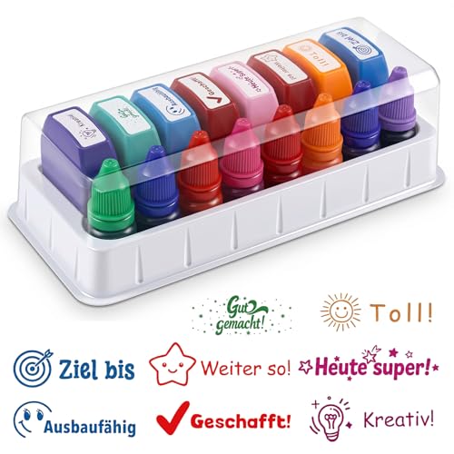 8er Set Lehrer Stempel Selbstfärbend mit Nachfülltinte & Aufbewahrungsbox Motivationsstempel für Kinder Schule & Homeschooling Bunte Lob- & Belohnungsstempel für Lehrerinnen und Lehrer