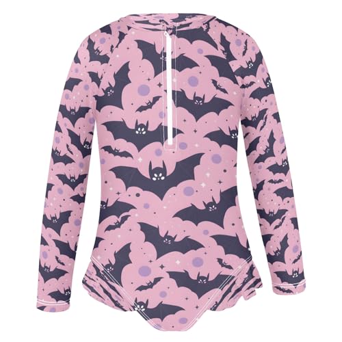 Cute Bats Pink Girls Long Sleeve Swimsuits One Piece Zipper Bathing Suit UPF 50+ Rashguard Swimwear2