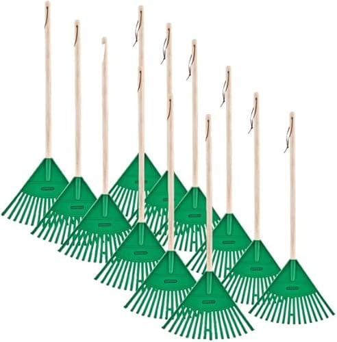 Paquete de 12 rastrillos para niños con mango de madera dura, cabeza de plástico duradero para barrer hojas en el césped y ordenar el jardín, 34