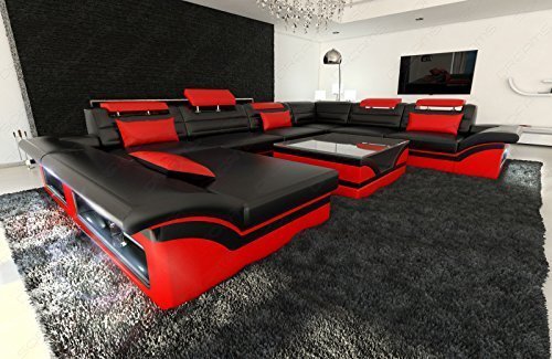 Canapé Intérieur de la maison ENZO XXL Design Canapé + LED NOIR - Rouge