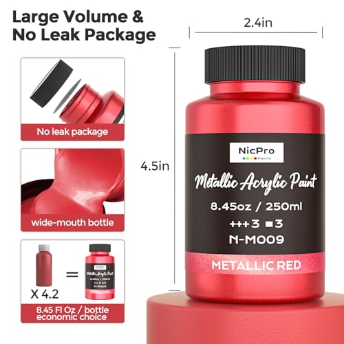Image of Nicpro Metallic Red Acrylic Paint, 8.45oz /250ml Large Metallic Paint | Non Toxic, Non Fading Craft Paints for Metal, Wood, Clay, Fabric, Canvas, Furniture, Handcrafts, Art Supplies