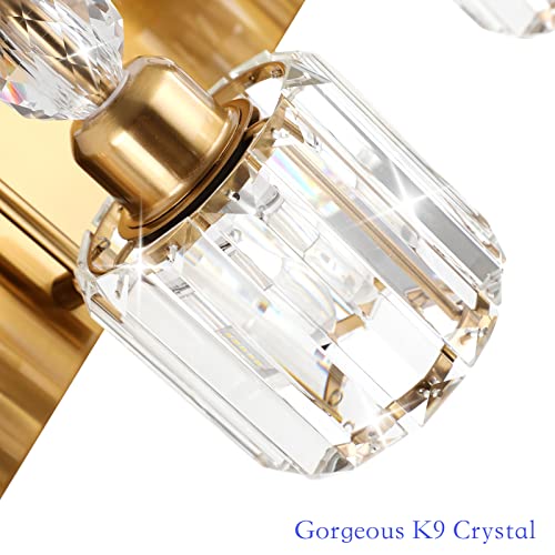 Image of Ralbay Brass Gold Bathroom Vanity Lights 3-Lights Brass Gold Crystal Vanity Lights Over Mirror Modern Crystal Brass Gold Bathroom Vanity Lighting Fixtures