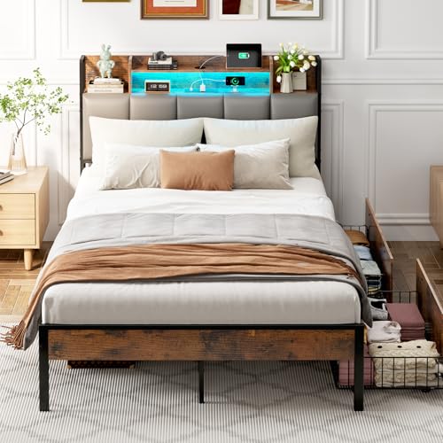 ODK 4ft6 Double Bed Frame with Storage Upholstered Headboard, LED Light & Charging Station, Platform Metal Bed Frame Double with 2 Underbed Drawers, Strong Metal Slat Support