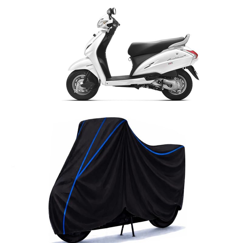 Image of Scooty Cover Water Resistant for Activa 110 | Universal Scooter & Bike Cover | Heavy Duty UV Dust, Rain & Scratch Protection | Elastic Fit All Weather Indoor Outdoor | Black with Blue Piping
