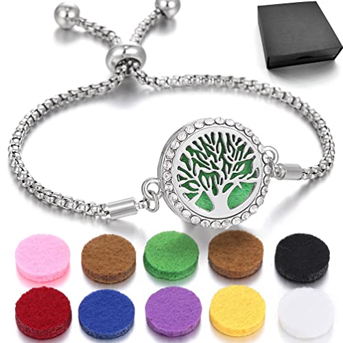 JEAN SMILE Essential Oil Diffuser Bracelet Aromatherapy Locket Scent Bracelet Adjustable Bracelet Tree of Life Styles Set with 10 Refill Pads,Pads Send a Beautiful Gift Box