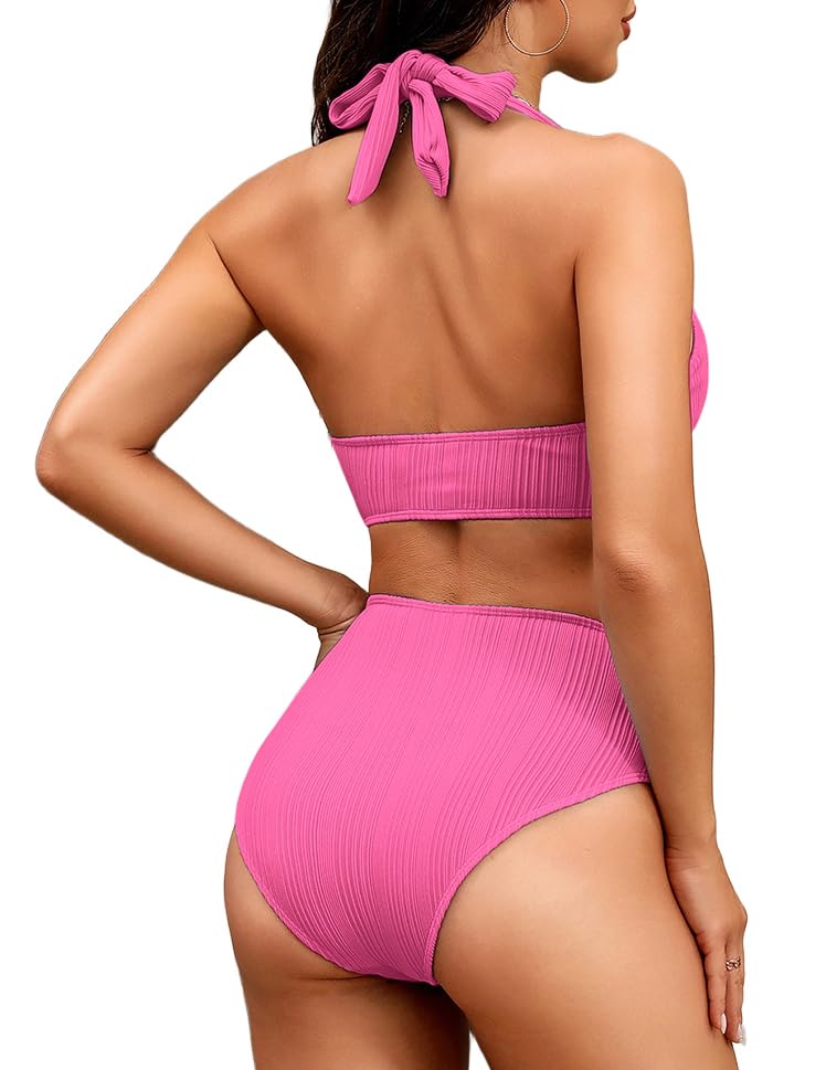 AI'MAGE Womens High Waisted Bikini Sets Tummy Control Two Piece Swimsuit 2025 Ribbed Color Block Halter Bathing Suits2