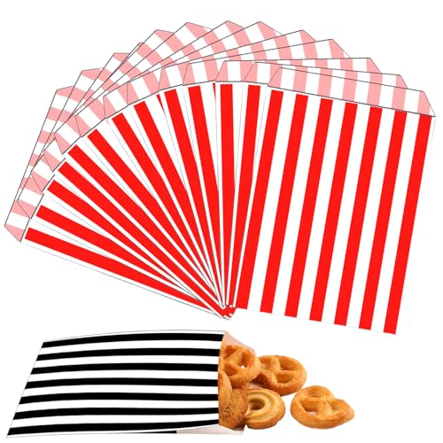 100 piezas Rojo Rayas Bolsas Regalo Pequeñas Bolsas para Chuches,12.7cmx17.8cm Bolsa de Papel Kraft Embalaje Dulces y Galletas para Cumpleaños Infantil,Navidad,Halloween,Bodas,Fiesta