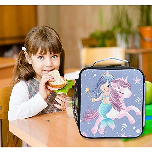 Zoeo Girls Mermaid Unicorn Lunch Box Blue Magic Horse Kids Lunch Bag For Teens Snacks Insulated Cooler Tote Ice Pack Freezable, Fits Bento Boxes, External Bottle Holder #TOP5