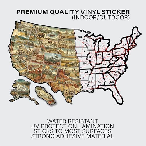 Image of RV State Travel USA Map Vinyl Sticker - Camper Trailer Decals for Window with State Flag - Road Trip Map of America - Waterproof, UV Protection for Window, Door or Wall (Vintage Landscape)