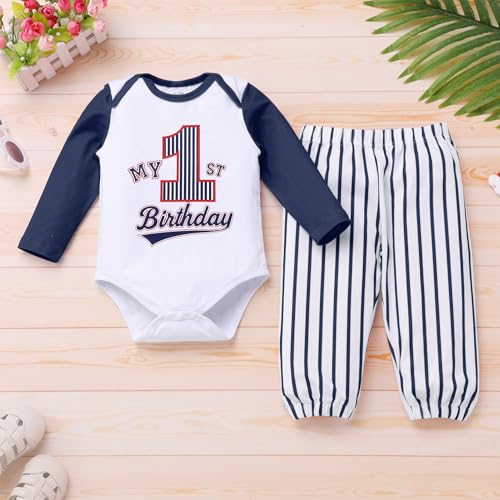 IMEKIS Baby Boy Baseball 1st Birthday Outfit Long Sleeve Romper Pants Cake Smash Photoshoot Clothes Set2