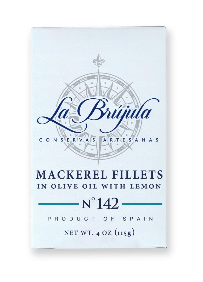 La Brújula No.142 Mackerel Fillets with Lemon in Olive Oil | 4 oz - 1 Pack | Hand-Packed Spanish Gourmet Canned Fish | Artisan Preserves | Caballa al Limón | Wild-Caught from Cantabrian Sea |