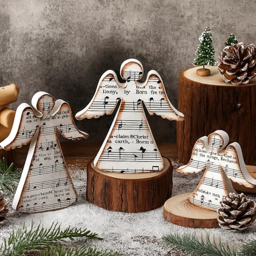 Redbaker 3 Pcs Wooden Angel Table Decor with Musical Carols Christmas Angel Figurines Cutouts Farmhouse Tiered Tray Decor Rustic Angels Tabletop Centerpiece for Holiday Office Home Music Lover Gift