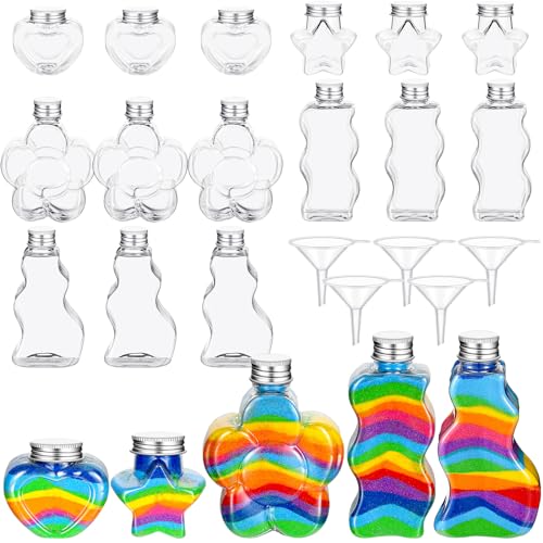 Havawish 20 Pcs Plastic Sand Art Bottles with 5 Funnels, Sand Art Containers Kit Collection for Kids Party Bulk End of School Year Gift Craft DIY Group Activity(Aluminum Cap)