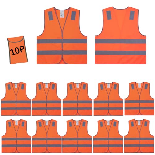 Lavori-AK Orange Safety Vests 10 Pack,Reflective High Visibility Construction Working Vest for Men,Woman,Pockets,Hi Vis Mesh and Neon Silver Strip