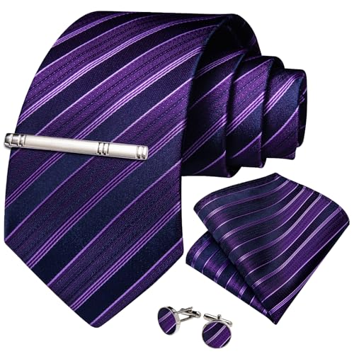 Image of DiBanGu Mens Tie Silk Plaid Striped Necktie and Pocket Square Cufflinks Tie Clip Set with Gift Box Formal Wedding Party