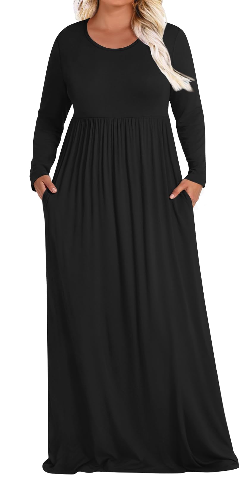 POPYOUNG Plus Size Maxi Dress for Womens Casual Dresses Winter Long Sleeves Long Dress with Pockets