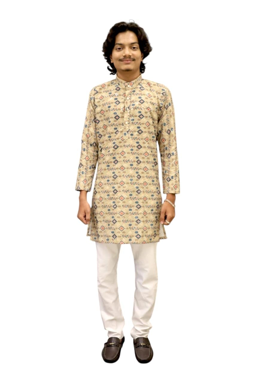Men's Geometric Print Ethnic Kurta with White Trousers