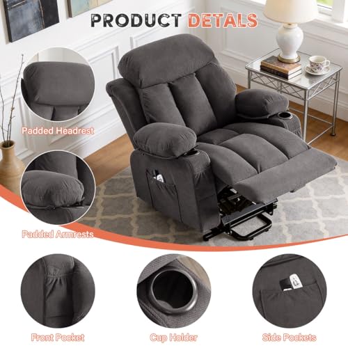 Image of BOSMILLER Power Lift Recliner Chair with Massage and Heat for Elderly, Electric Recliner Single Sofa with Two Cup Holders, Extended Footrest, Side Pocket and USB Charge Port for Living Room