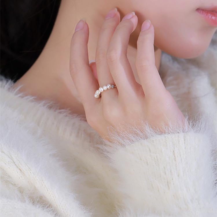 Pearl Adjustable Beaded Wrap Ring,Trendy Elastic Freshwater Pearl Rings Sterling Silver Stretch Pearl Rings Cute Jewelry s for Women s - Image 4