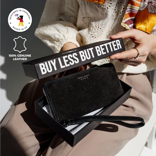 Image of BERLINER BAGS Genuine Leather Zip Wallet Women Lyon, Gift Box - Black | Soft Leather Zip Around Wallet, Fits up to Phone 6.9 inch, 15 Card Slots, 1 ID Window, 3 Bill Slots, 1 Coin Pocket, RFID Blocking