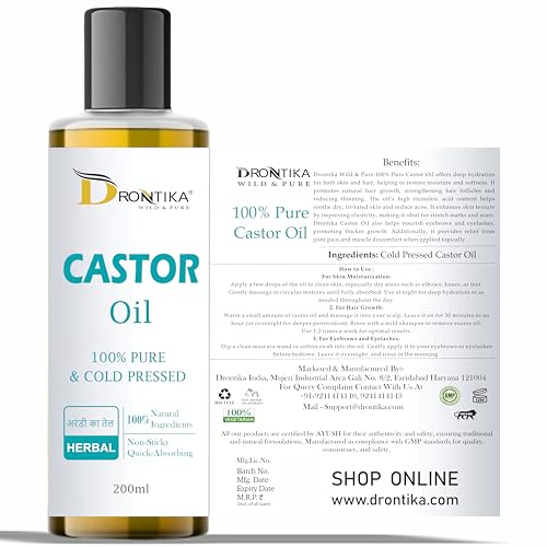 Image of Drontika Wild & Pure Castor Oil 100% Natural & Organic - 200ml For Hair Growth, Skin Care, Nails & Eyelash Nourishment | 100% Pure, Cold-Pressed, Chemical-Free