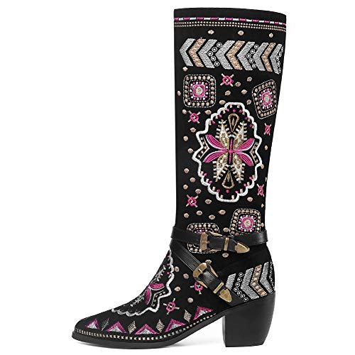 SaraIris Western Boots Flower Embroidery Shoes for Women - Cool Chinese Ethnic Cowboy Cowgirl Style Pointed Toe Shoes Woman Pull On Buckle Design Knee Boots - Thumbnail 3