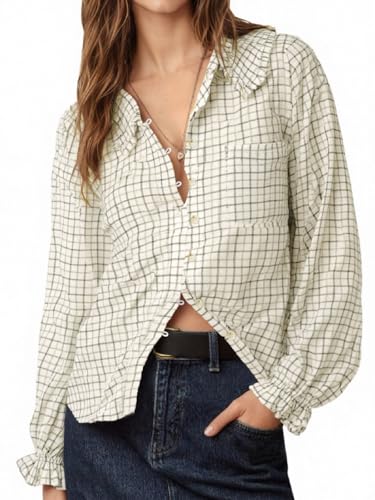 Tankaneo Womens Peter Pan Collar Button Down Shirts Long Sleeve Plaid Blouse Dressy Casual Fall Tops Beige