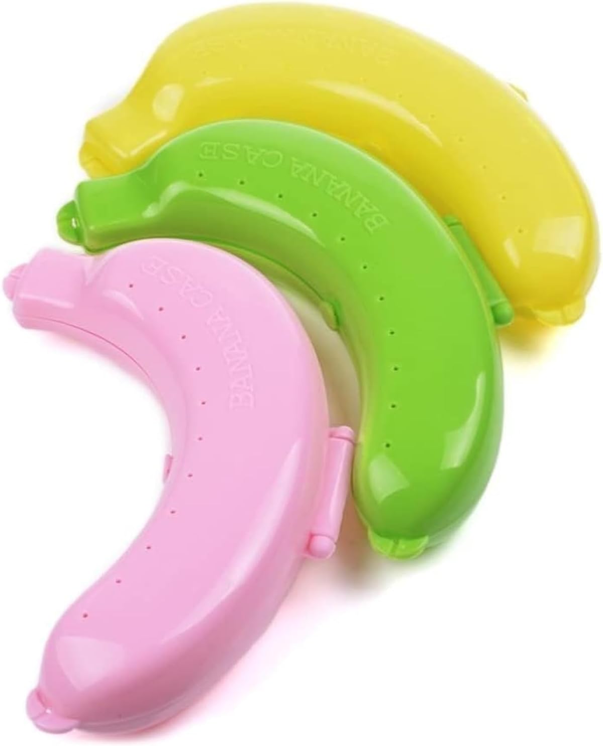 DOVEAZ Plastic Banana Case Lunch Box for Kids - Storage Container Cover, BPA Free - Set of 3 (Pink, Yellow, Green)