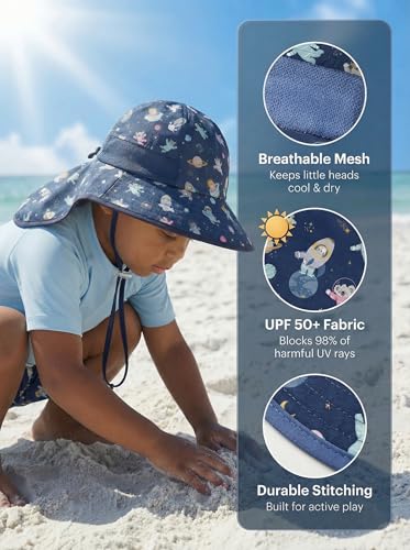 Image of icolor Kids Sun Hat UPF50+ Sun Protection Bucket Hat Toddler Summer Beach Play Hats with Neck Flap for Girl Boy Ages 3~10