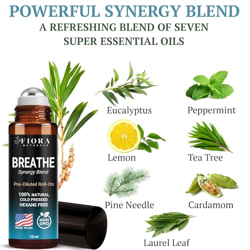 Image of Fiora Naturals Breathe Essential Oil Roll-On Blend - 100% Pure Eucalyptus, Peppermint & Tea Tree Oil Aromatherapy Blend. Therapeutic-Grade