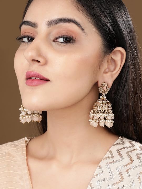 Image of Rubans Jhumka Earrings Kundan and Pearl Traditional Festive Jewellery Gift for Women & Girls