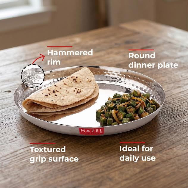 Image of HAZEL Stainless Steel Lunch Plate 25.5cm | Thali with Hammered Sides | Daily Use Dinner Plate Food Serving Plate for Restaurant Thali