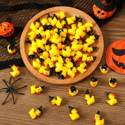 Image of JUNEBRUSHS 50 Pcs Halloween Mini Resin Duck, Tiny Witch Ducks Miniature Witch Hat Duck Figurine for Halloween Crafts Home Table Decorations