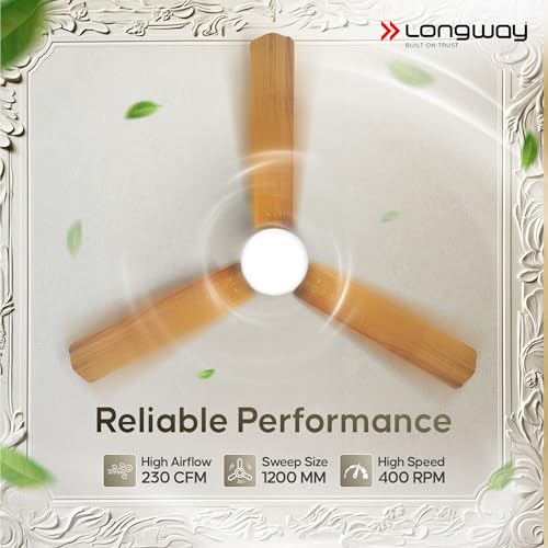 Image of LONGWAY Luminair Max 1200 mm BLDC Ceiling Fan with Remote Control & LED Light | BEE 5 Star Rated Energy Efficient | Ultra High Speed 3 Blade Anti-Dust Decorative | 5 Years Warranty (Golden Birch)